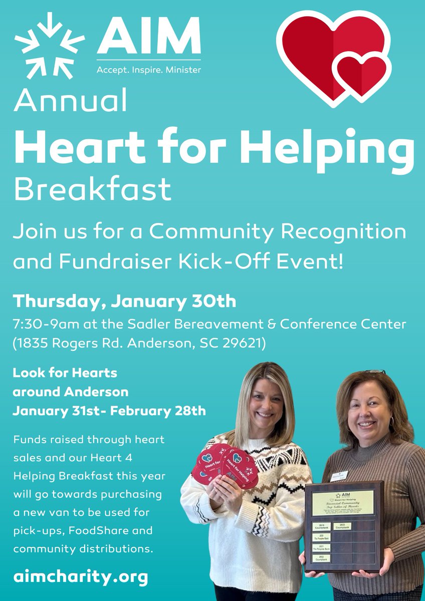 AIM (@aimcharity) on Twitter photo AIM's Heart 4 Helping Breakfast & Fundraiser is quickly approaching!
If you wish to join us for breakfast, or want to sell hearts, please email Sarah Ann at sarah.skelton@aimcharity.org AIM's Heart 4 Helping Breakfast & Fundraiser is quickly approaching!
If you wish to join us for breakfast, or want to sell hearts, please email Sarah Ann at sarah.skelton@aimcharity.org