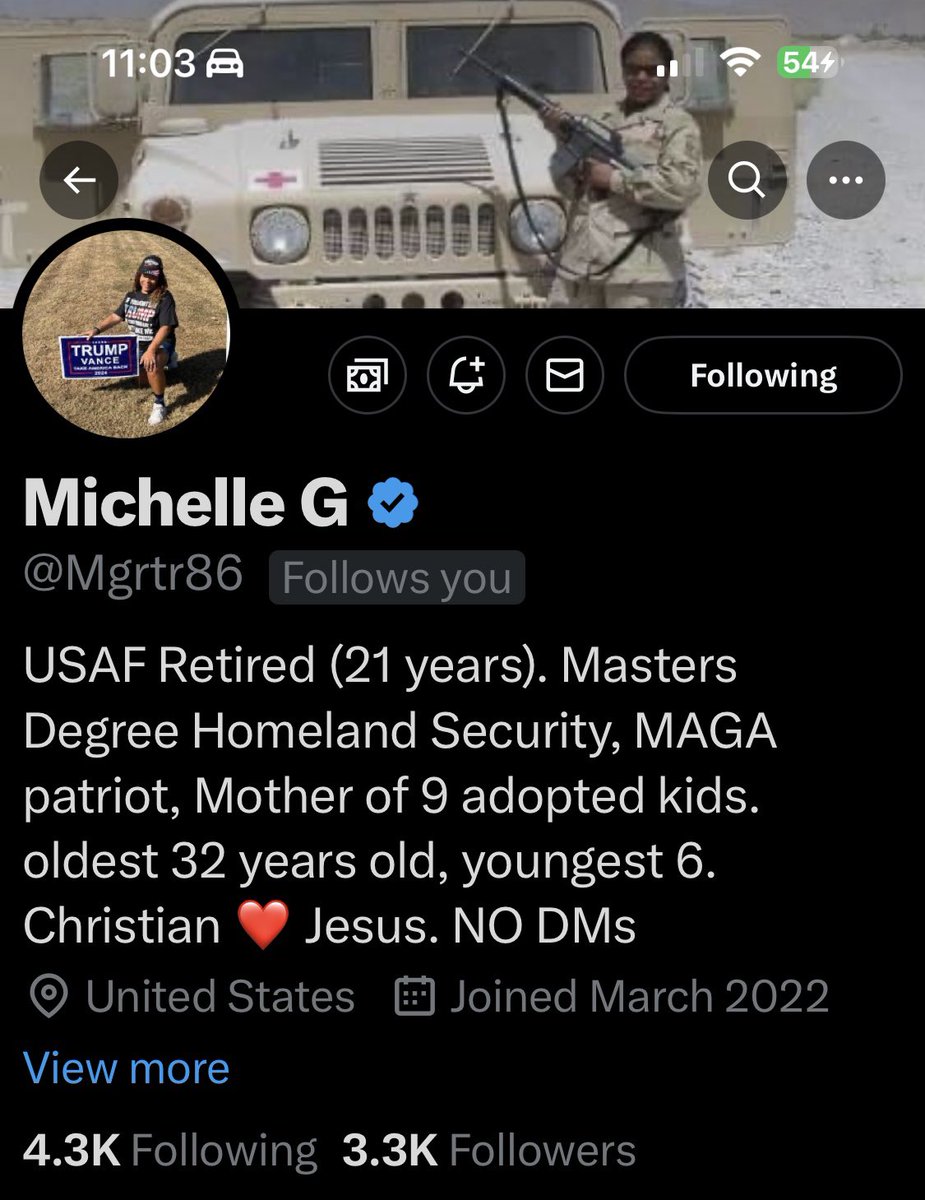Conservative Cat (@lynnhall268) on Twitter photo Please give <a href="/Mgrtr86/">Michelle G</a> a follow and a repost or shoutout to show our appreciation for her service.
USAF Retired
Thank you for your service. We appreciate you. Please give <a href="/Mgrtr86/">Michelle G</a> a follow and a repost or shoutout to show our appreciation for her service.
USAF Retired
Thank you for your service. We appreciate you.