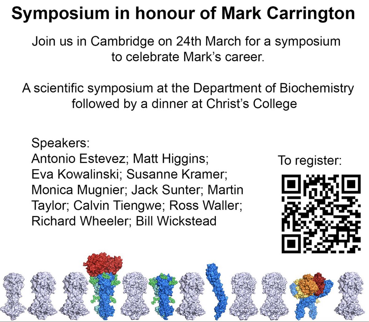 🚨 Retirement Symposium for Prof Mark Carrington of the University of Cambridge 🚨

Our #Trypanosoma colleagues may want to attend this symposium in Cambridge on the 𝟐𝟒𝐭𝐡 𝐨𝐟 𝐌𝐚𝐫𝐜𝐡, 2025 (register by the 15th!) 
- Details at QR code &amp; tinyurl.com/2uw8tryu