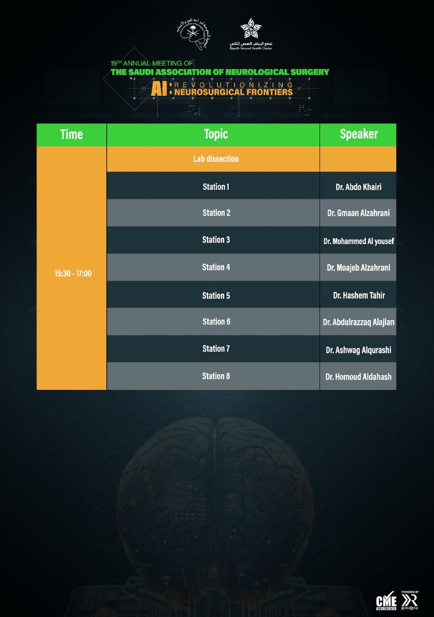 SANS (@sansmed) on Twitter photo Be part of the 19th SANS Annual Meeting and attend the “102 Basic Neurosurgery Approaches Dissection Workshop”.
led by Dr. <a href="/BasimElahi90/">Basim Noor Elahi</a> and Dr. <a href="/RAlmufarriji/">Razan AlMufarriji</a>. This hands-on workshop will provide you with the essential techniques and practical experience in common neurosurgical Be part of the 19th SANS Annual Meeting and attend the “102 Basic Neurosurgery Approaches Dissection Workshop”.
led by Dr. <a href="/BasimElahi90/">Basim Noor Elahi</a> and Dr. <a href="/RAlmufarriji/">Razan AlMufarriji</a>. This hands-on workshop will provide you with the essential techniques and practical experience in common neurosurgical
