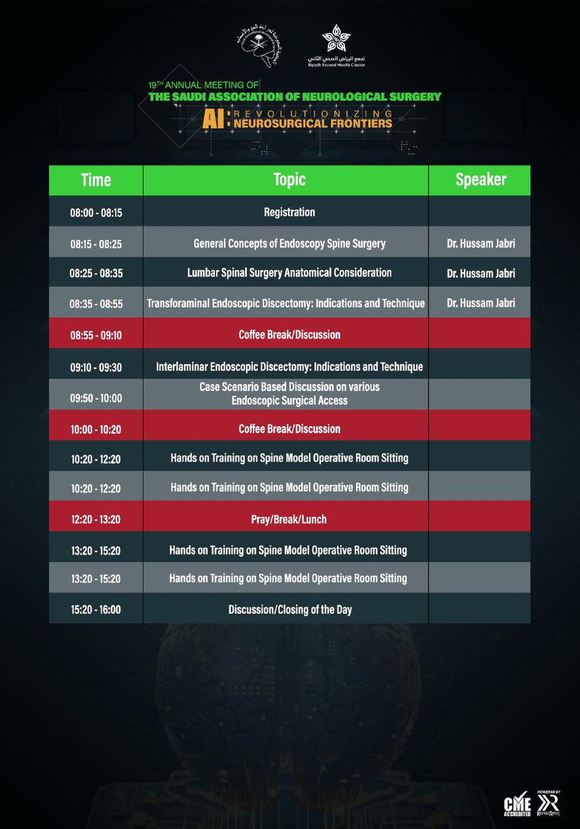 Don’t miss the “5th Full Endoscopic Course: Lumbar Spine Hands-On Course” at the 19th SANS Annual Meeting!

This interactive, hands-on training led by Dr. Hussam Jabri is perfect for those looking to refine their skills in endoscopic lumbar spine surgery. 

🔗 Learn more: