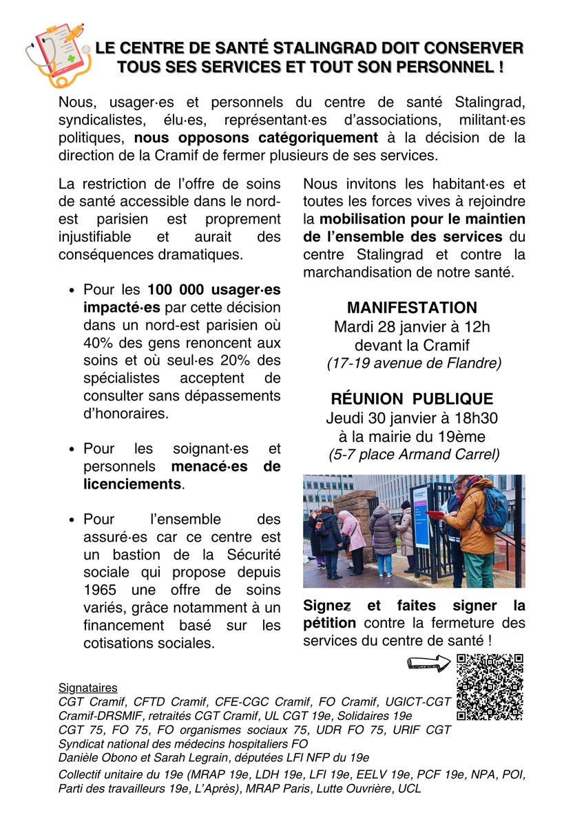 ChambreFo's tweet photo. Mobilisés aujourd'hui devant la #CRAMIF et avant les vœux de @ThomasFatome aux agents de @Assur_Maladie pour dire maintien des Centres de Santé Réaumur et Stalingrad !
https://t.co/UqVfH34Egr https://t.co/z5SPzUn193