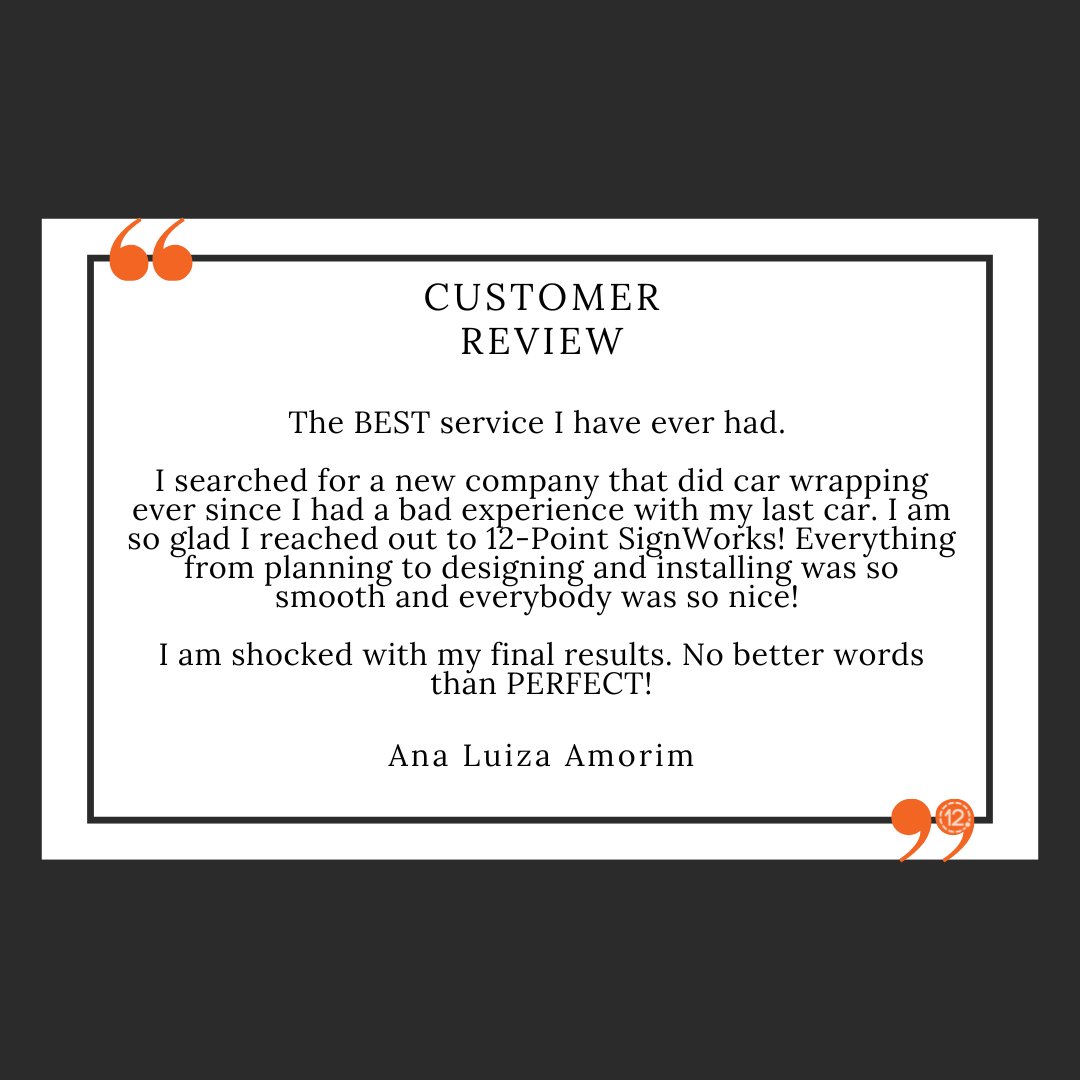 12pointsigns's tweet image. We are thrilled to receive such positive feedback from our valued customers! Your satisfaction drives us to deliver top-notch #CommercialSignage and #VehicleWraps every day. If you're curious how we've maintained a stellar #5StarRating after all these years, just give us a call!