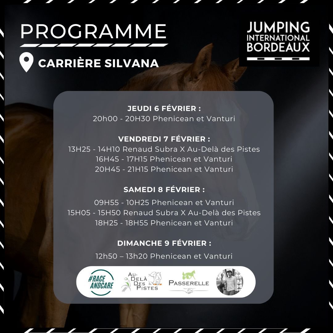 Au-Delà Des Pistes sera de retour au <a href="/JumpingBordeaux/">Jumping Bordeaux</a> du 6 au 9 février. 🤩
Venez nous rencontrer sur le stand 1C2112 partagé avec Passerelle, et découvrez chaque jour nos pur-sang réformés sur la carrière SILVANA. 🐎
Nous avons hâte de vous retrouver dans les allées du salon !👋