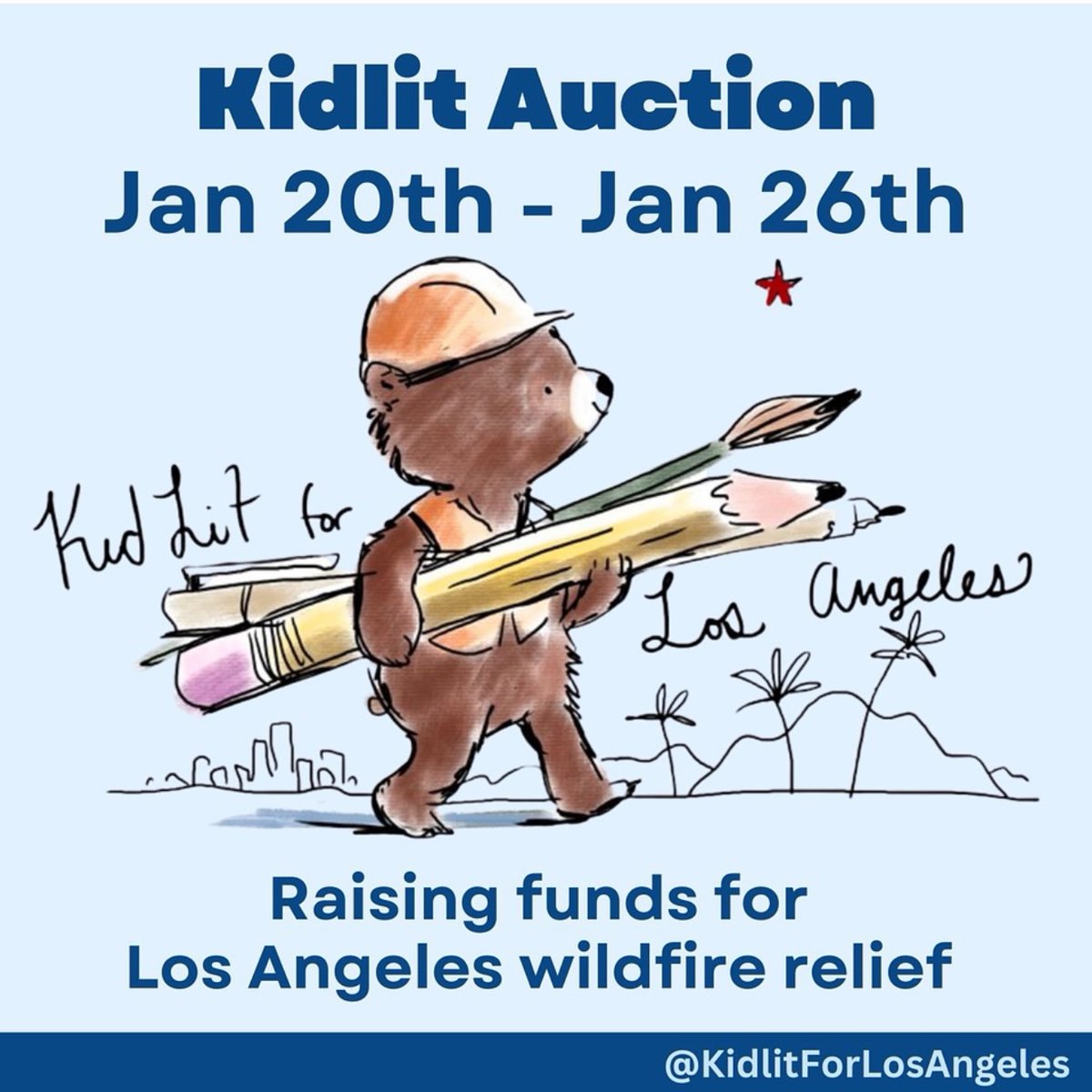 Auction by the kidlit community to raise funds for Los Angeles wildfire relief efforts. Bidding open: Jan 20th (9am PST) - Jan 26th (9pm PST). ❤️🙏🏻 Link coming soon. Follow on IG here: instagram.com/kidlitforlosan…