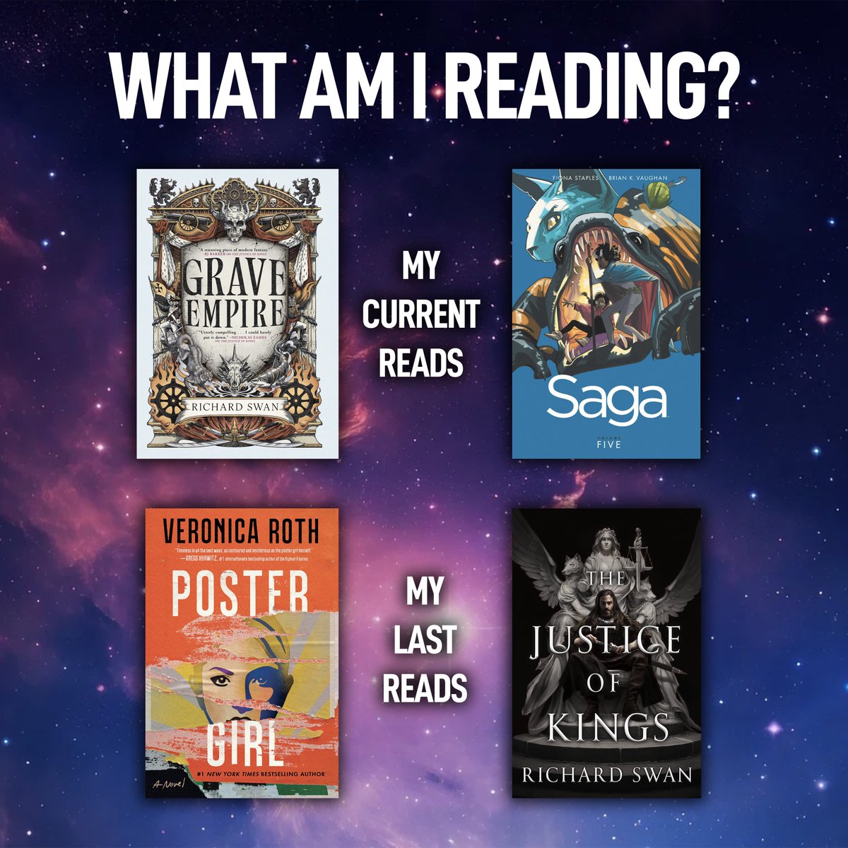 adrianmgibson's tweet image. What are you all reading? Life has been busy the past month, but I managed to squeeze in some great books: The Justice of Kings by @Richard_S_Swan and Poster Girl by Veronica Roth. My current reads are Richard’s new novel Grave Empire and Vol. 5 of the comic series Saga.