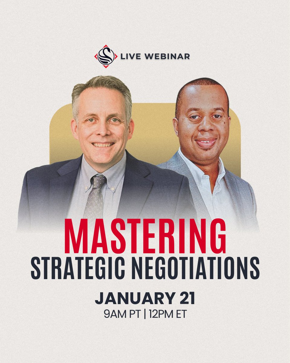 BlackSwanGrp's tweet photo. Ready to elevate your negotiation skills? Join us on January 21 to learn proven techniques to navigate high-stakes conversations and achieve better outcomes. Don’t miss out—mark your calendar! https://t.co/0439e8rGQr

#NegotiationSkills #MasterNegotiator #BlackSwanGroup https://t.co/eCv1Wndcwy
