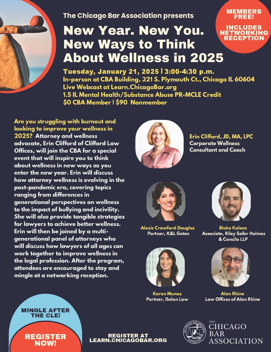 ChicagoBarAssoc's tweet photo. Pick up a few tips for the new year to make your busy life a little more Zen! Attendees earn IL Mental Health PR-MCLE Credit. CBA members are free. Sign up here: https://t.co/r18uKBeCuV https://t.co/WLv4nDWTE5