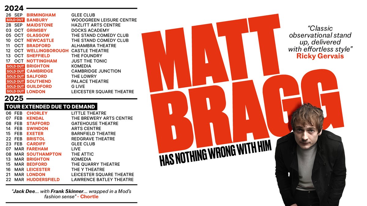 Live Nation UK (@livenationuk) on Twitter photo Critically acclaimed stand up comedian <a href="/mattbraggcomedy/">Matt Bragg</a> takes the Matt Bragg Has Nothing Wrong With Him tour across the UK next month 👏
Grab tickets 👉 livenation.uk/8pgh50UGNpy Critically acclaimed stand up comedian <a href="/mattbraggcomedy/">Matt Bragg</a> takes the Matt Bragg Has Nothing Wrong With Him tour across the UK next month 👏
Grab tickets 👉 livenation.uk/8pgh50UGNpy
