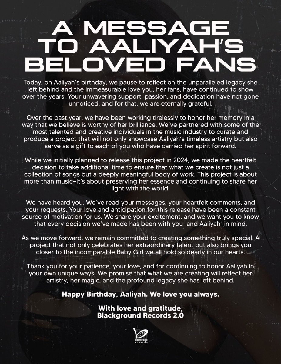 Blackground's tweet photo. A Message to Aaliyah’s Beloved Fans on her birthday…

With love and gratitude,
Blackground Records 2.0

#HappyBirthdayBabyGirl https://t.co/4QxyWxpZWH