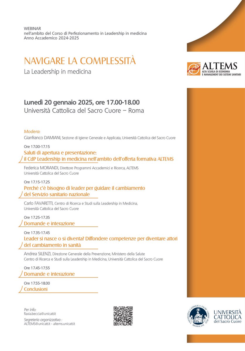 Leadership in medicina. Webinar di presentazione del Corso di Perfezionamento. Vi aspettiamo online il 20 gennaio alle ore 17:00 <a href="/LeadMedIt/">Leadership Medicina</a> <a href="/WRicciardi/">Walter Ricciardi</a> <a href="/drsilenzi/">Andrea Silenzi</a> <a href="/causius0/">Andrea Causio</a> <a href="/dr_enricorosso/">Enrico Rosso</a> <a href="/MRGualano/">Maria R. Gualano</a>  Ecco il programma