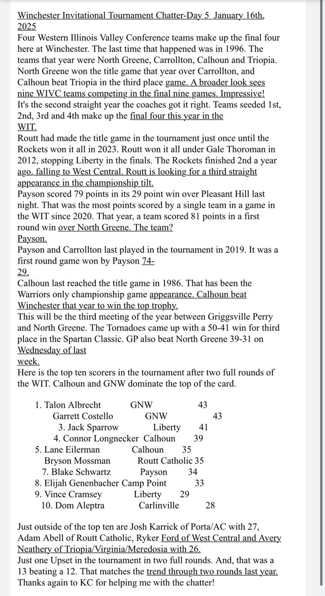 WITTourney's tweet photo. 102nd WIT - Day #5

Gates will open at 4:30pm
Doors to the gym will open at 5:00pm

Game #17 @ 5:30 PM
#9 Griggsville-Perry vs. #13 North Greene

Game #18 @ 7:00 PM
#10 Payson-Seymour vs. #11 Carrollton 

Game #19 @ 8:30 PM
#1 Routt vs. #4 Calhoun

WIT Daily Chatter pictured. https://t.co/OxBGjmES5e