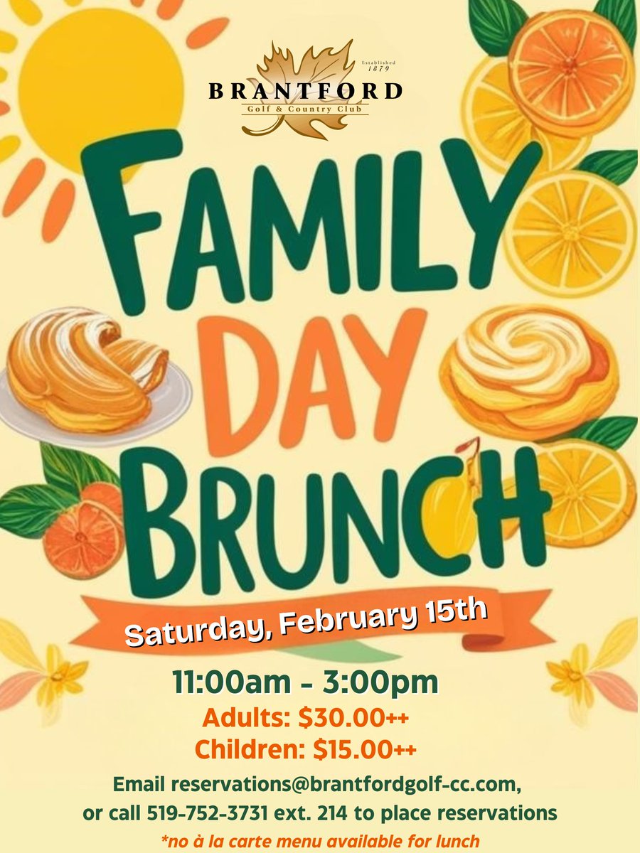 🥞✨ Celebrate Family Day with Us! ✨🥞

Gather your loved ones and join us for a delicious Family Day Brunch at BGCC! ❤️🍽️💛
Call 519-752-3731 ext. 214, or email reservations@brantfordgolf-cc.com to book.