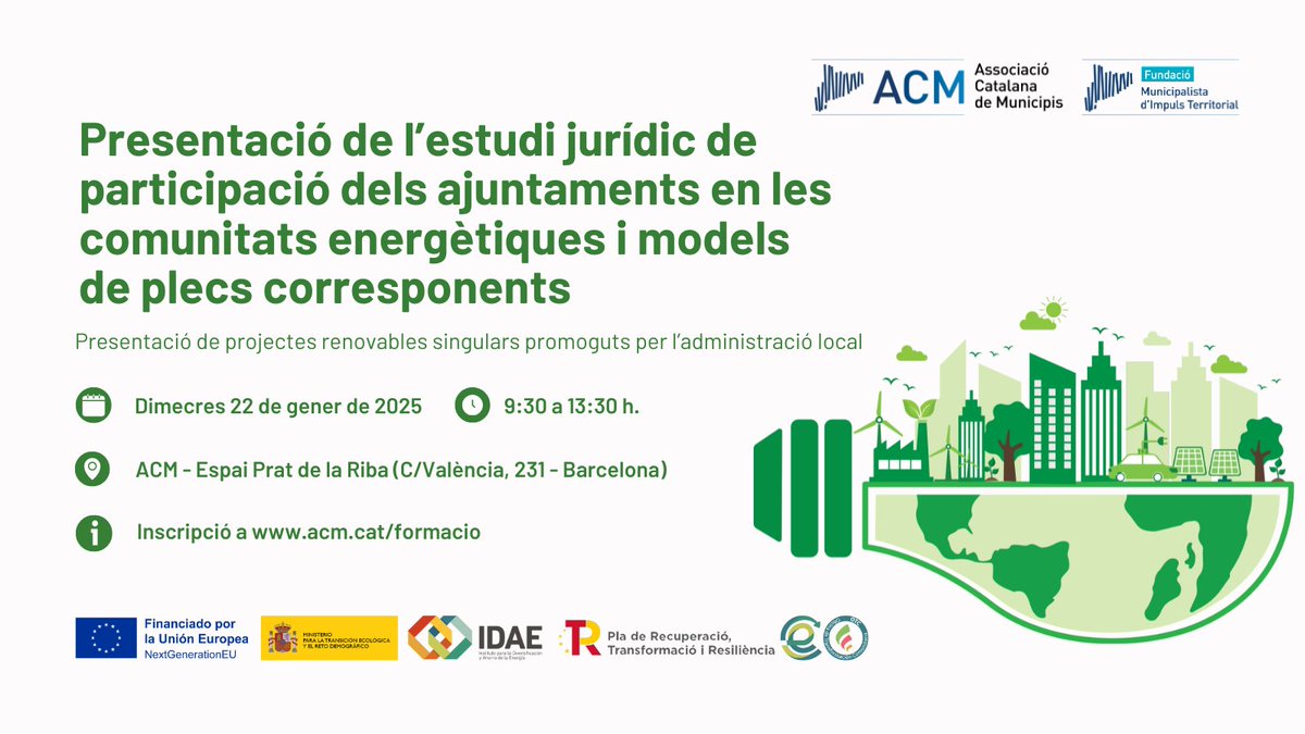 clusterEE's tweet image. 🗓️ Presentació de l&apos;estudi jurídic de participació dels ajuntaments en les comunitats energètiques

El pròxim 22 de gener la Fundació Municipalista (#FMIT) de l’@ACMunicipis organitza una jornada formativa, en què es presentaran les conclusions principals de l’estudi jurídic de…
