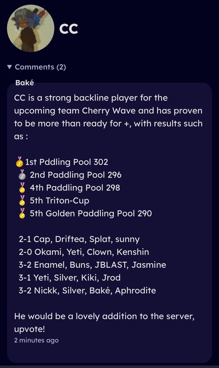 I suggested <a href="/CC_Spl_/">CC</a> to +3, it's a great opportunity for this player full of potential to develop and for his team to progress 
He's really strong on liter, pen or rapid, a versatile backline is always a plus for the plusserver make sure to upvote !
