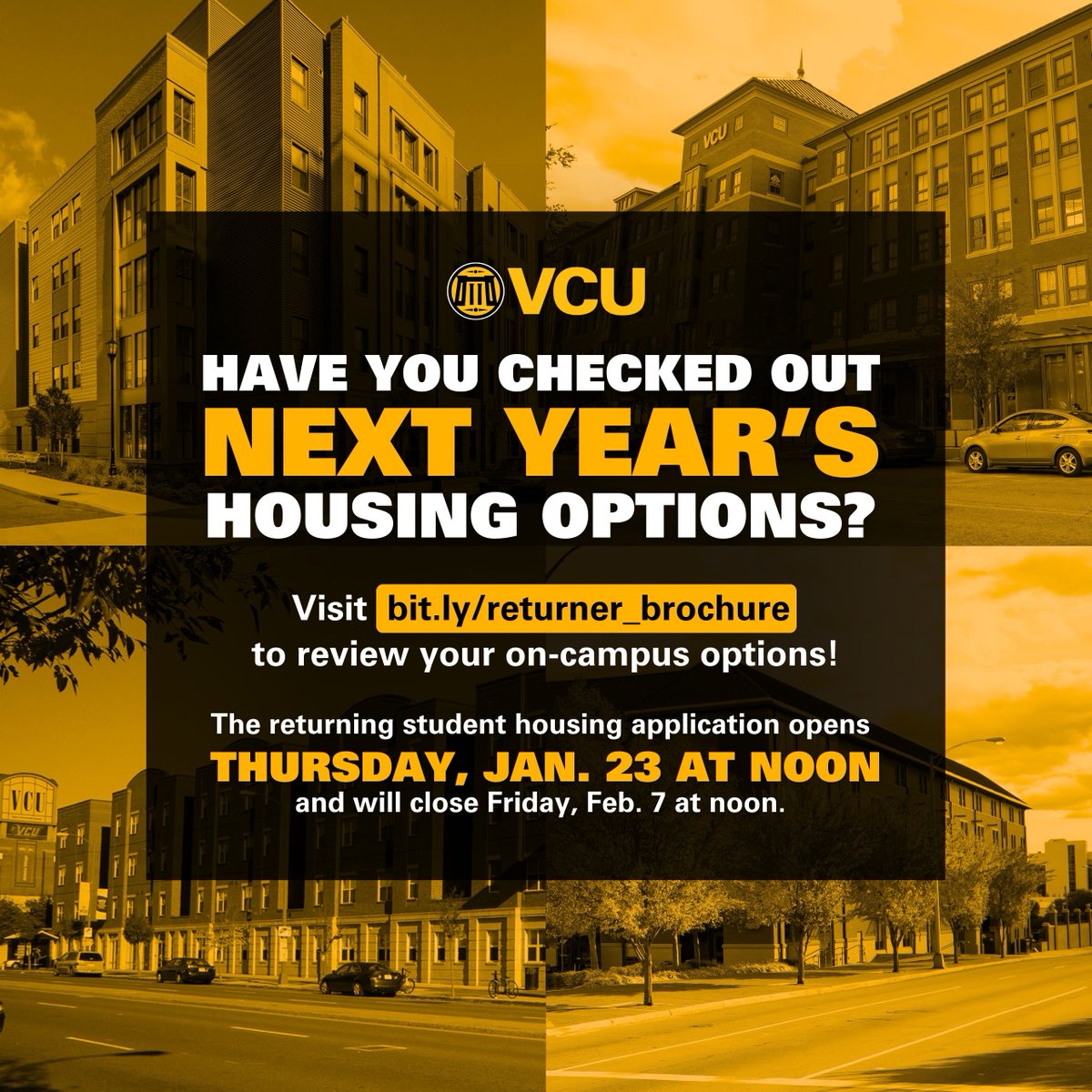 VCU_Housing's tweet photo. Hey, Rams! Have you checked out your on-campus housing options for next year? The @VCU housing application for returning students opens Thursday, Jan. 23 at noon. Visit https://t.co/G2CViWfEC4 to learn more. https://t.co/uRUROSzyMF