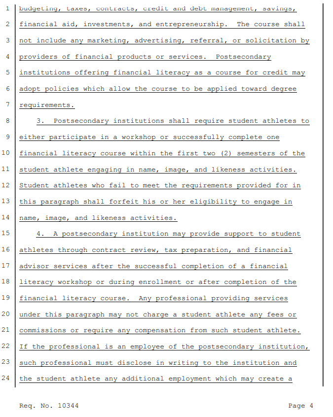 DanGreene15's tweet image. A bill has been introduced in Oklahoma requiring schools to offer at least 3 financial literacy workshops/year for athletes engaged in #NIL activities. Workshops may be offered for credit. Athletes would be required to finish 1 course within first 2 semesters of NIL engagement.