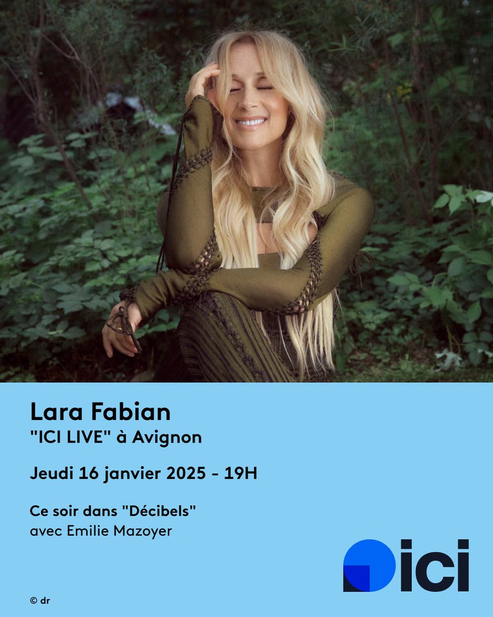 🔵 ÉVÉNEMENT ICI!
Ce soir dès 19h, Lara Fabian (<a href="/LFabianOfficial/">Lara Fabian</a>) est dans #Décibels avec @emilieradiofr, juste avant la diffusion de son concert exceptionnel enregistré à Avignon

📻 ici.fr