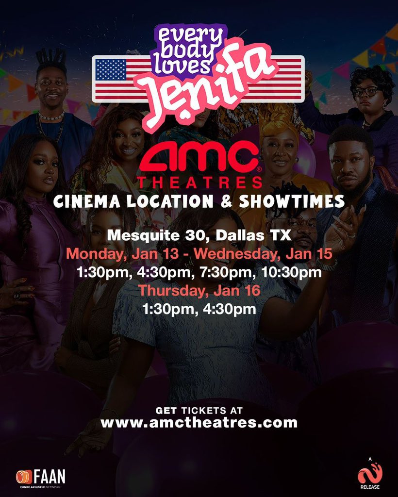 funkeakindele's tweet photo. A big thank you to all our fans who have seen #EverybodyLovesJenifa.
And a special thanks to those who haven’t seen it yet, because YOU MUST SEE IT TODAY. 🙄😂😂
Jenifans in the US 🇺🇸, today is the last opportunity to see it in the US theaters.
Swipe to see the cinema locations!

Get your tickets at:
https://t.co/ry0GPOlmT9
https://t.co/m9oPzVVUFL

#ELJthemovie is still showing in all cinemas in Nigeria. 
It’s also showing internationally, in the UK and Belgium.
Please check @TheNilegroup_ for international real time updates.
#funkeakindele
#afunkeakindeleandtundeolaoyefilms
#Everybodylovesjenifa