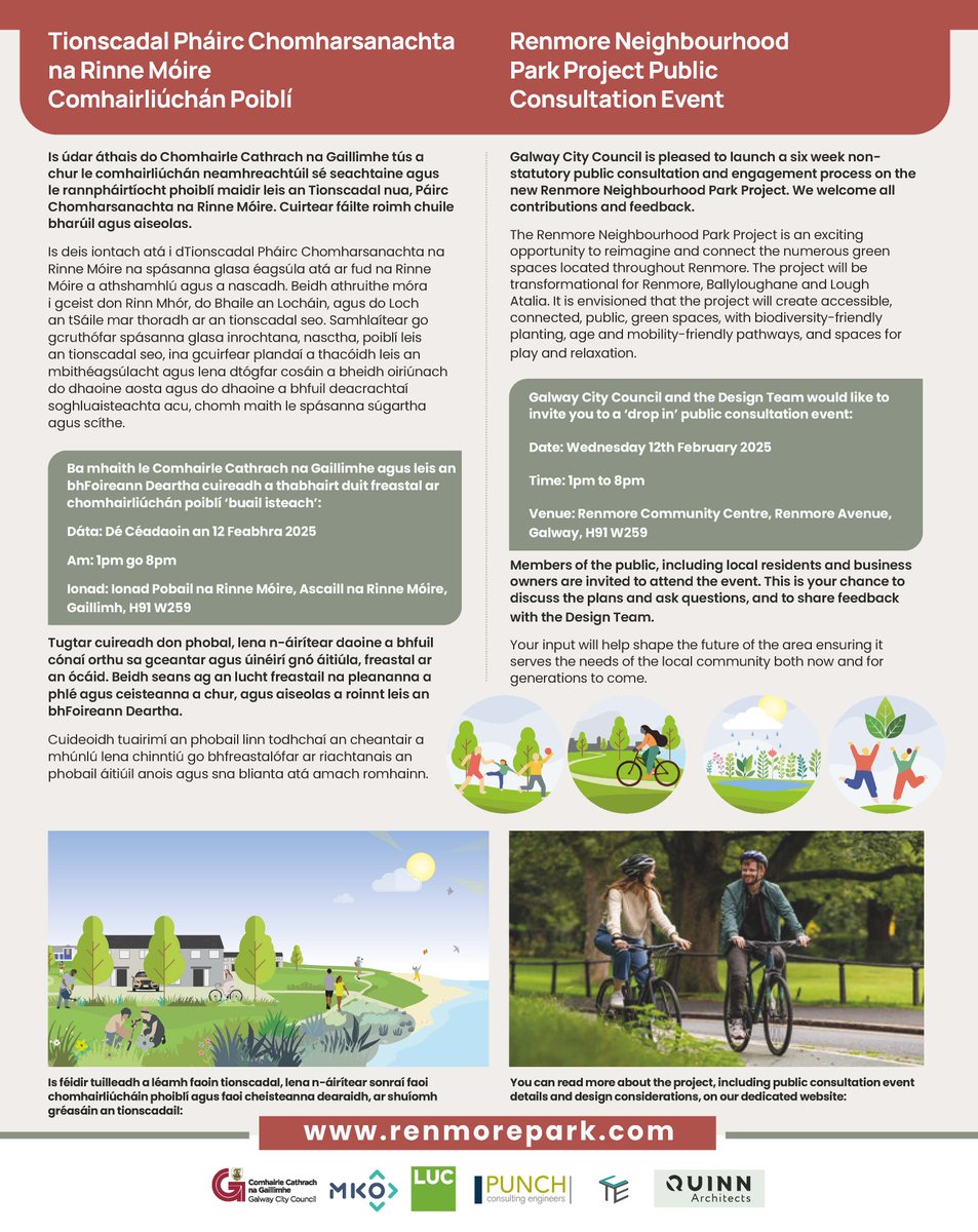 MKO (@mkoireland) on Twitter photo MKO, LUC, Quinn Architects, and PUNCH Consulting Engineers, on behalf of <a href="/GalwayCityCo/">Galway City Council</a>, launched the 6-week public consultation process for two exciting park projects in Galway City
RenmorePark.com and southparkpublicpark.com MKO, LUC, Quinn Architects, and PUNCH Consulting Engineers, on behalf of <a href="/GalwayCityCo/">Galway City Council</a>, launched the 6-week public consultation process for two exciting park projects in Galway City
RenmorePark.com and southparkpublicpark.com