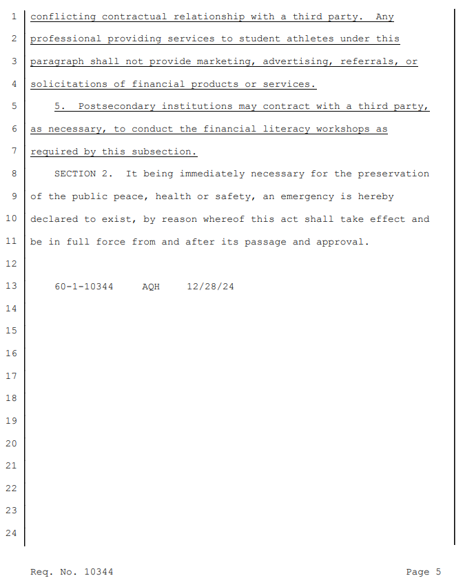 DanGreene15's tweet image. A bill has been introduced in Oklahoma requiring schools to offer at least 3 financial literacy workshops/year for athletes engaged in #NIL activities. Workshops may be offered for credit. Athletes would be required to finish 1 course within first 2 semesters of NIL engagement.