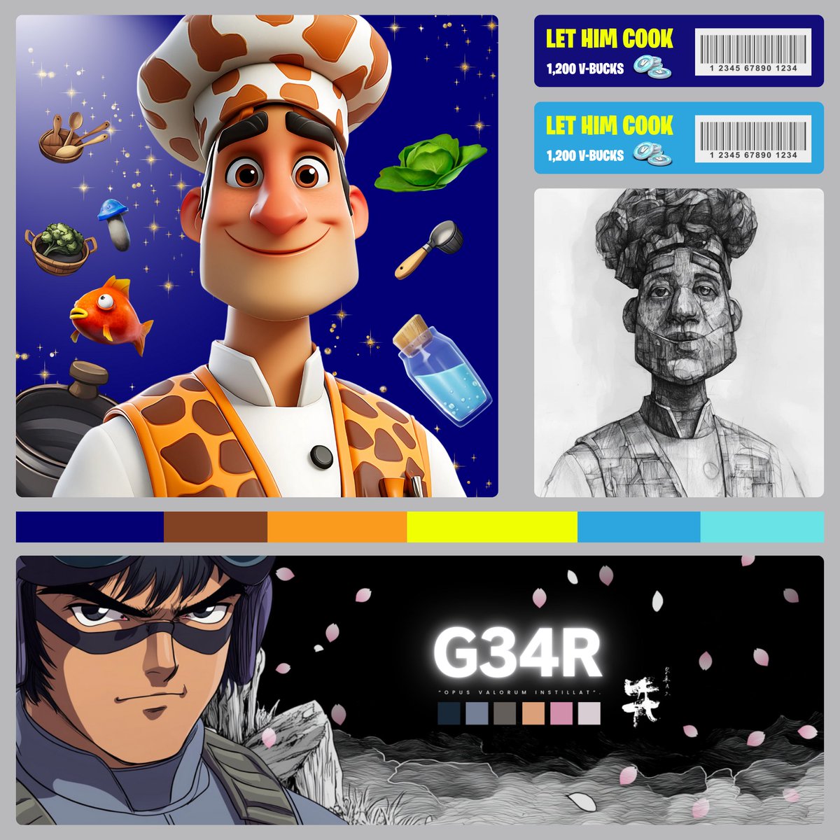 xg34r's tweet photo. WIDT #2 (What i did today)

- Let him cook Fortnite skin concept 🧑‍🍳
- New Twitter banner 🌸

#GraphicDesign #FortniteArt #Fortnite #Midjourney #WIDT https://t.co/FoRjCxHvOz