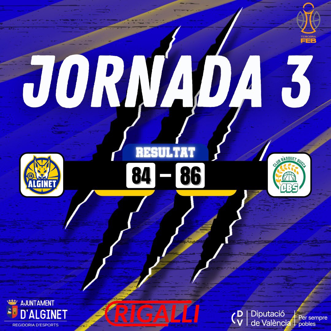 FINAL🚨

Rigalli Alginet8️⃣4️⃣
CB Sueca Vidriola Inmobles8️⃣6️⃣

No ha pogut ser. Els nostres van caure ahir a la pròrroga en un partit que va ser tota una muntanya russa d’emocions. Des de l’emoció més pura a la incredulitat de no comprendre molt bé el ritme de partit😵‍💫