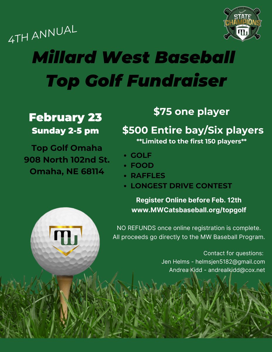 MWCatsBaseball's tweet photo. Spots are filling up! 

4th Annual MW Baseball Top Golf Fundraiser! Great opportunity to support the Cats. ⛳️

Use the link below to sign up today!
https://t.co/PQPygGXAuK

#GoldStandard https://t.co/qaIwGi1zTi
