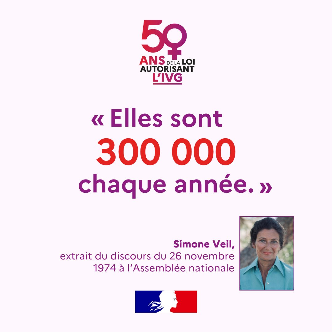 #50AnsLoiIVG | 🗣"Elles sont 300 000 chaque année. Ce sont celles que nous côtoyons chaque jour et dont nous ignorons la plupart du temps la détresse et les drames."
💪Il y a 50 ans, Simone Veil portait un combat historique pour garantir à toutes les femmes le droit de disposer