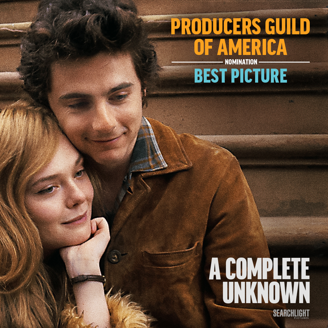 Searchlight Pictures (@searchlightpics) on Twitter photo A COMPLETE UNKNOWN has been nominated for Best Picture at the 2025 PGA Awards! <a href="/producersguild/">Producers Guild of America</a> #ACompleteUnknown #PGAAwards A COMPLETE UNKNOWN has been nominated for Best Picture at the 2025 PGA Awards! <a href="/producersguild/">Producers Guild of America</a> #ACompleteUnknown #PGAAwards