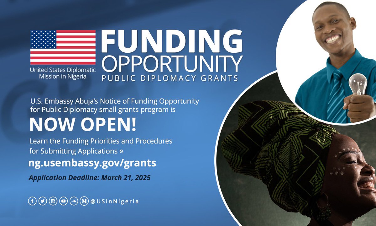 Are you a community service organization in need of support?
The U.S. Embassy Abuja is now accepting applications for its Public Diplomacy small grants program. Learn about the funding priorities and procedures for submitting applications » bit.ly/3Wk1PL2