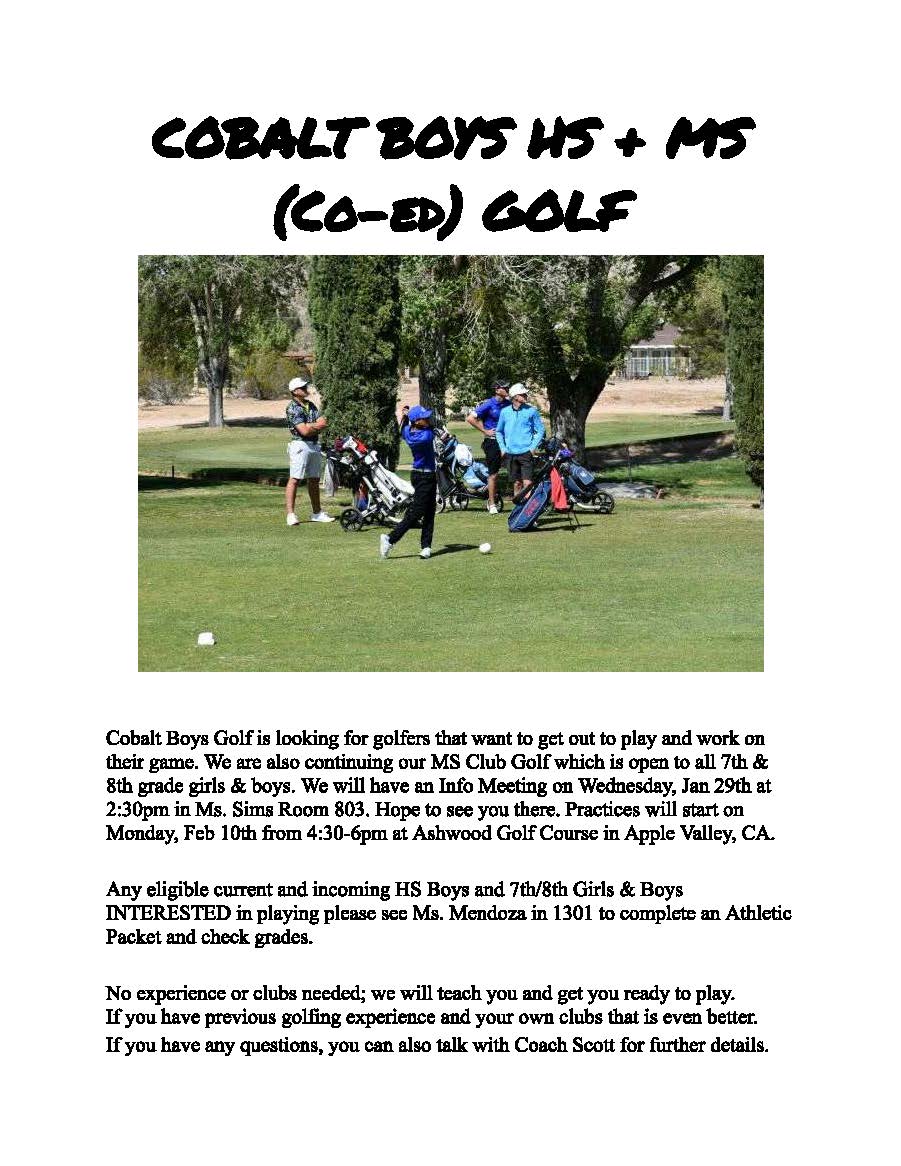 HS Boys Golf is looking for golfers that want to get out to play and work on their game. We are also continuing our MS Club Golf which is open to all 7th &amp; 8th grader.
No experience or clubs needed; we will teach you and get you ready to play.