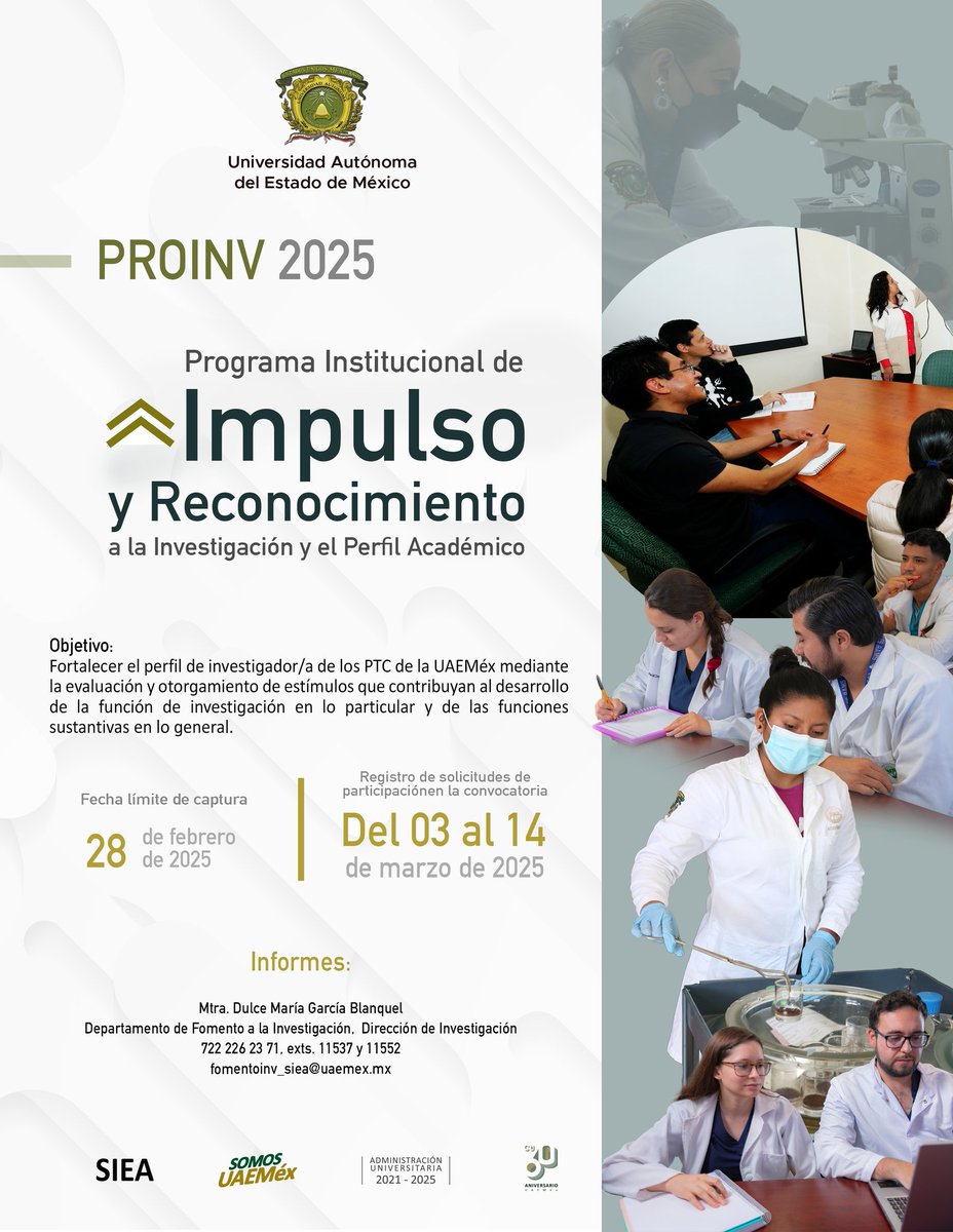 DI_UAEMex's tweet photo. CONVOCATORIA
Programa Institucional de Impulso y Reconocimiento a la Investigación y el Perfil Académico 2025.
📆Fecha límite de captura: 28 de febrero
📆Fecha límite de registro de solicitudes: 14 de marzo
📞722 226 23 00, ext. 11537 y 11552
#SomosInvestigación 
#SomosUAEMéx💚💛 https://t.co/pndpkauEW6