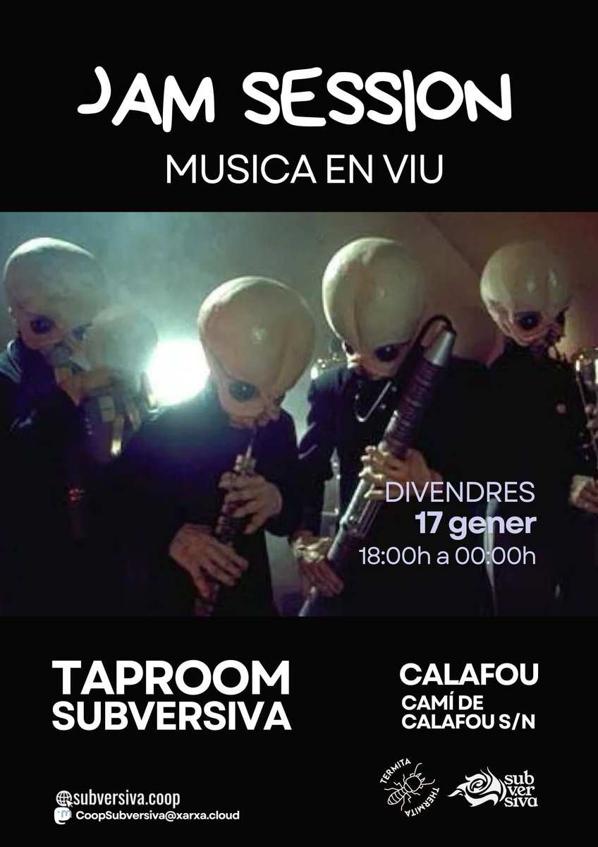 subversivacoop's tweet photo. 🔹Taproom Subversiva 🔹
Aquest divendres 
🎼 música amb viu 🎶
20h JAM SESSION 

I com sempre bones 🍻, empanada i pizzes casolanes 😋 🧆 🍕i moltes més coses.

🕐 18h a 00h
🏡 Calafou, a l'espai Termita

#beerlover #jazzandbeer #concerts #anoia https://t.co/ElAFgP7l9e