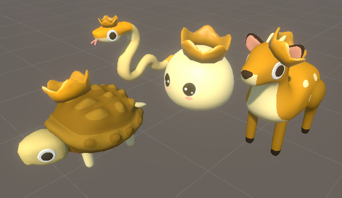 jrsmata's tweet photo. @thanhnguyen0_0 @omabuarts Some more transformations for the slime! Recolored some more critters and put the same crown on 'em 🐢🦌

Like in the thread starter, the models in this image are sourced from Omabu Arts (critters) and Awaii Studio (slime and crown).

#gamedev #indiegame #indiedev https://t.co/DRC4ch67Ku