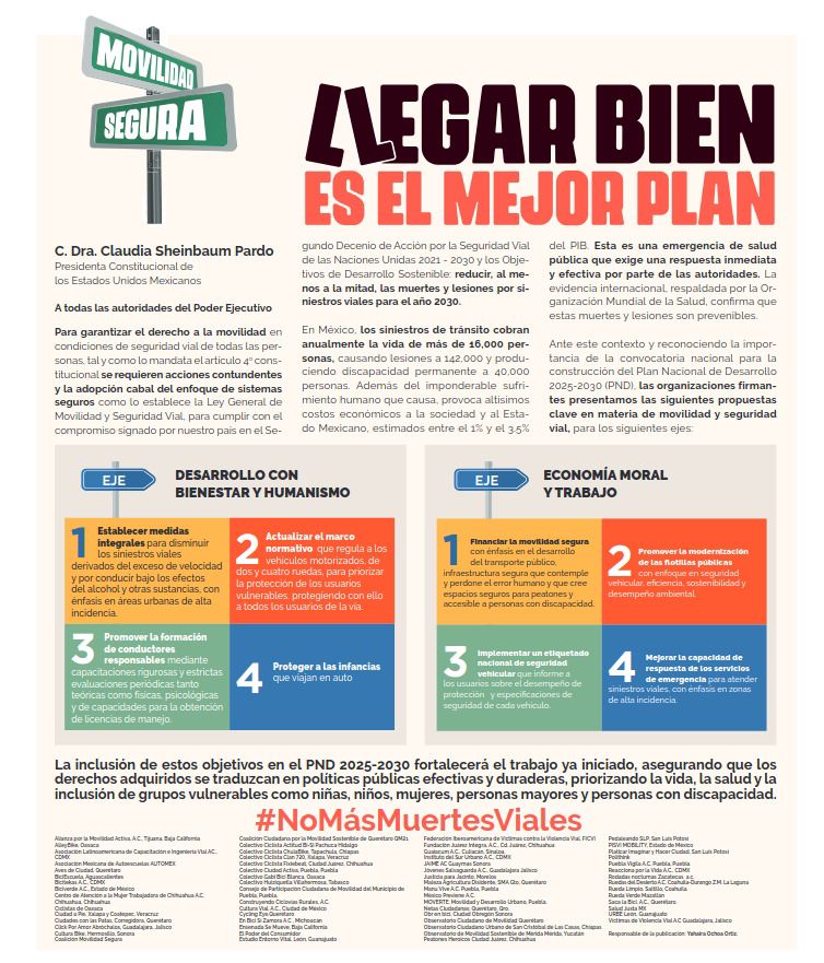 alexmunich1's tweet photo. ¡Todas las personas tenemos derecho a #LlegarBien ¡Te pedimos @Claudiashein incluir en #PND la meta de reducir a la mitad todas las personas heridas y muertas en siniestros de tránsito para 2030! https://t.co/sXq86B23g4