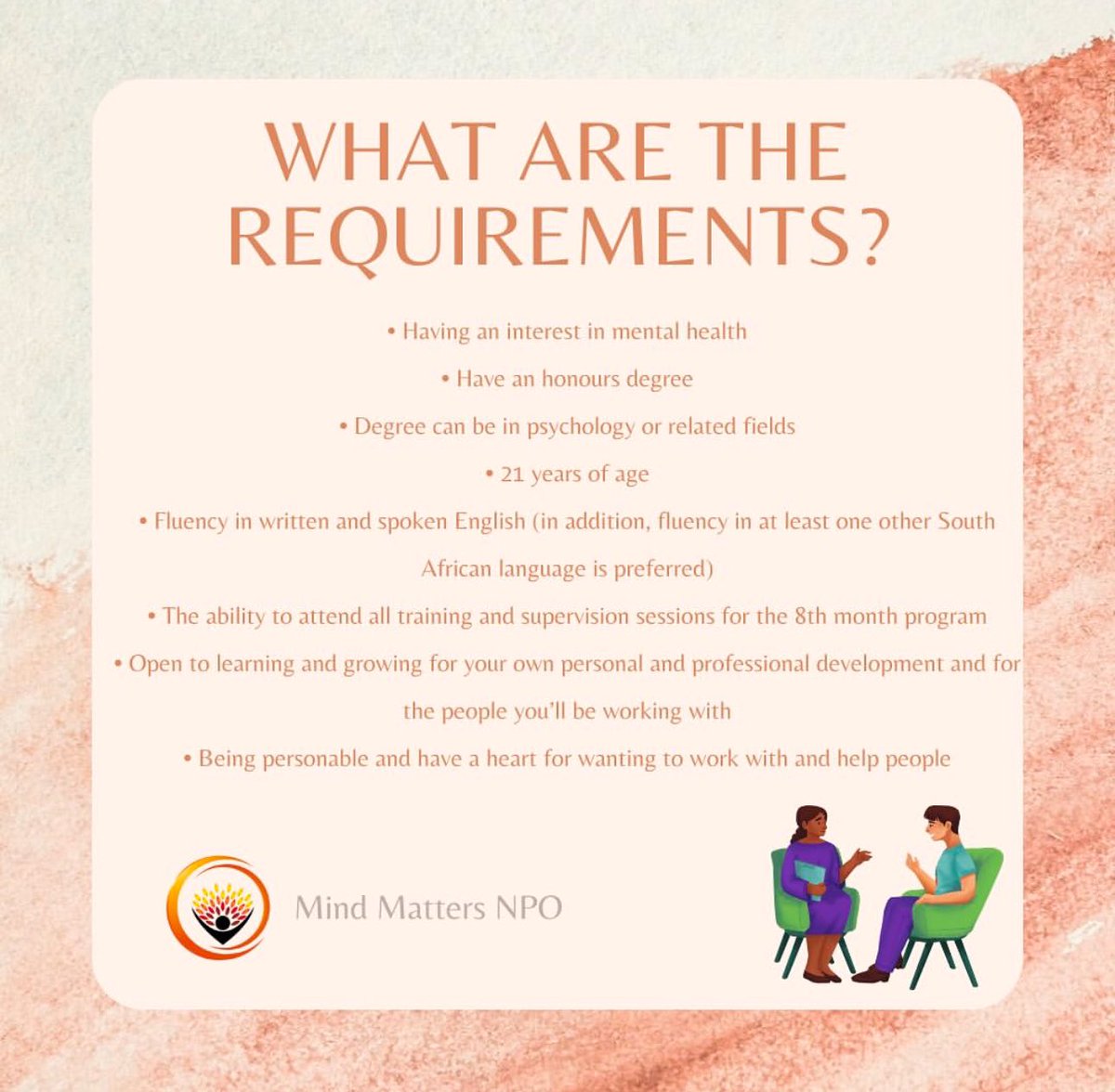 MindMattersNPO's tweet photo. We’re excited to share that our online lay counselling program is now accepting applications. Applications close on Sunday the 6th of February 2025. 

Please email mindmattersnpo@gmail.com for any queries.

Application link is available below: 

https://t.co/RNPUTK4Svt https://t.co/ZUQ1hA5gEO