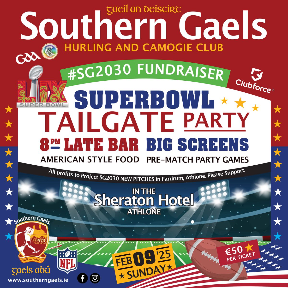 🏈🎉 Superbowl Tailgate Party! 🎉🏈

Join us at the Sheraton Athlone on Feb 9th for:
🍔 American-style food
🎲 Pub games
🎧 Pumping beats for that Tailgate vibe
Don’t miss the fun as we gear up for Superbowl weekend! 🏟️✨
#SuperbowlTailgateParty #AthloneEvents #FoodFunFootball