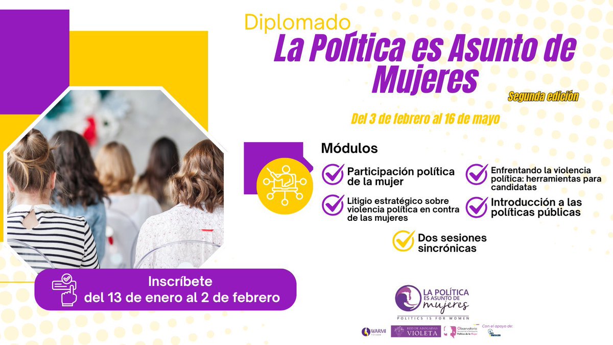 Iniciamos el registro para diplomado "La Política es Asunto De Mujeres" 2da edición.
📌✍️
1.diplomado de nivel básico 
2.diplomado virtual-asincrónico de 14 semanas
3.cupos limitados
4.gratuito
5.certificado al finalizar y aprobar. 
Regístrate aquí 📚
forms.gle/1LgdpHrgDseFvg…