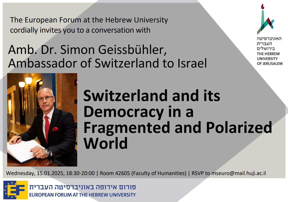 Thanks to <a href="/HebrewU/">Hebrew University</a>'s European Forum for having me for a lecture on "Switzerland &amp; its Democracy in a Fragmented &amp; Polarized World". In times of democratic recession &amp; autocratic sharp power, the multi-layered &amp; consensus-oriented 🇨🇭 democracy is remarkably stable &amp; resilient.