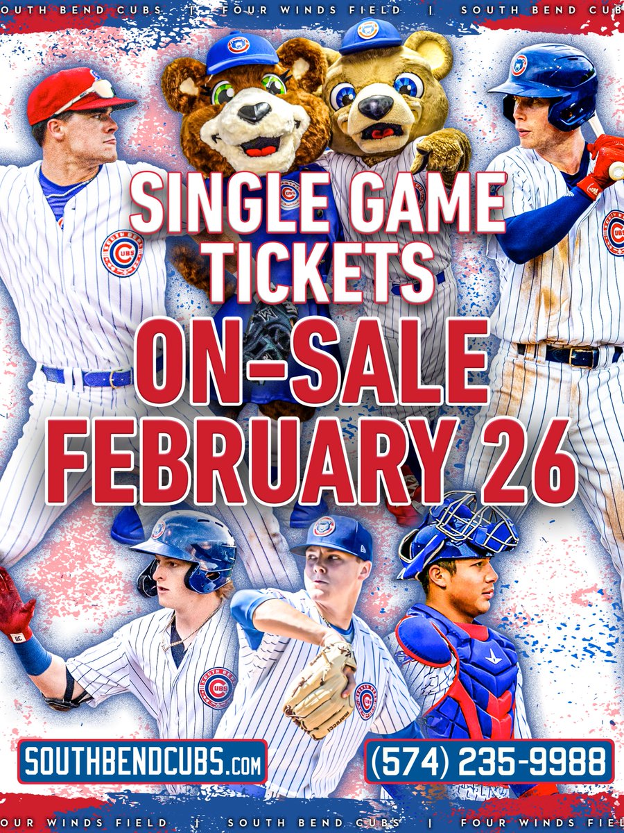 🚨 SAVE THE DATE 🚨
#SBCubs single game tickets go on sale Wednesday, February 26 at 10am ET. Share this with your friends and set your alarms!
LEARN MORE milb.com/south-bend/new…