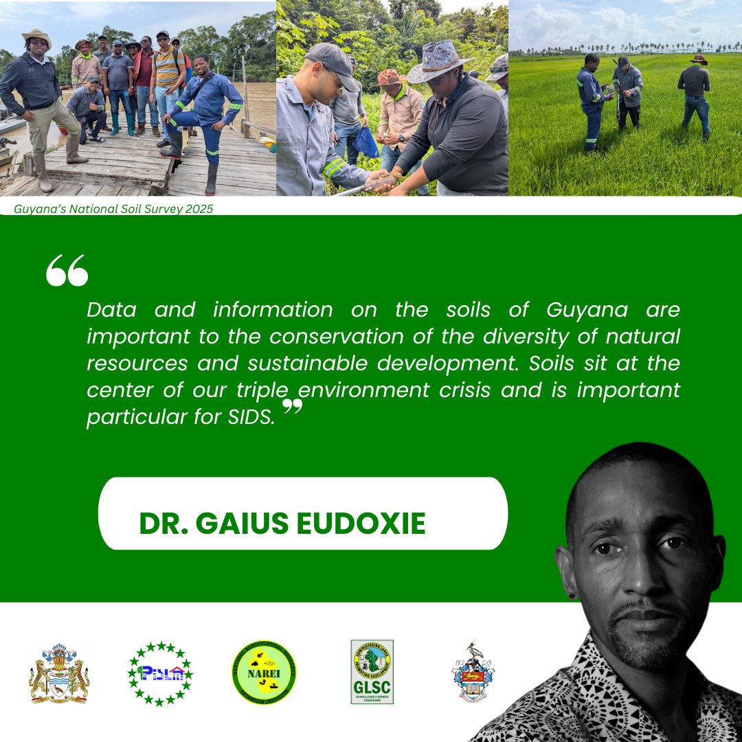PISLMCSIDS's tweet image. #Quickcheckin with Dr. Gaius Eudoxie, Team lead for Guyana’s ongoing National Soil Sampling Survey. 🇬🇾

This is made possible through funding from the @theGEF and support from @FAO 
#SoilSurvey #SustainableLandManagement #Guyana #LDN #Agriculture #SoilHealth #UNCCD