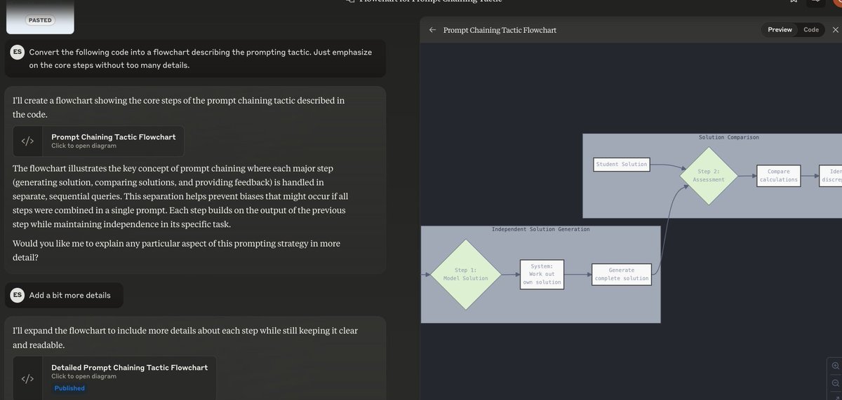 omarsar0's tweet image. I struggle to learn or teach without flowcharts or diagrams. 
One of my favorite ways to use Claude is to just give it an idea in code and prompt it to generate a visual representation of it.
Claude is good at generating Mermaid diagrams.
This is how I prompt it to generate…