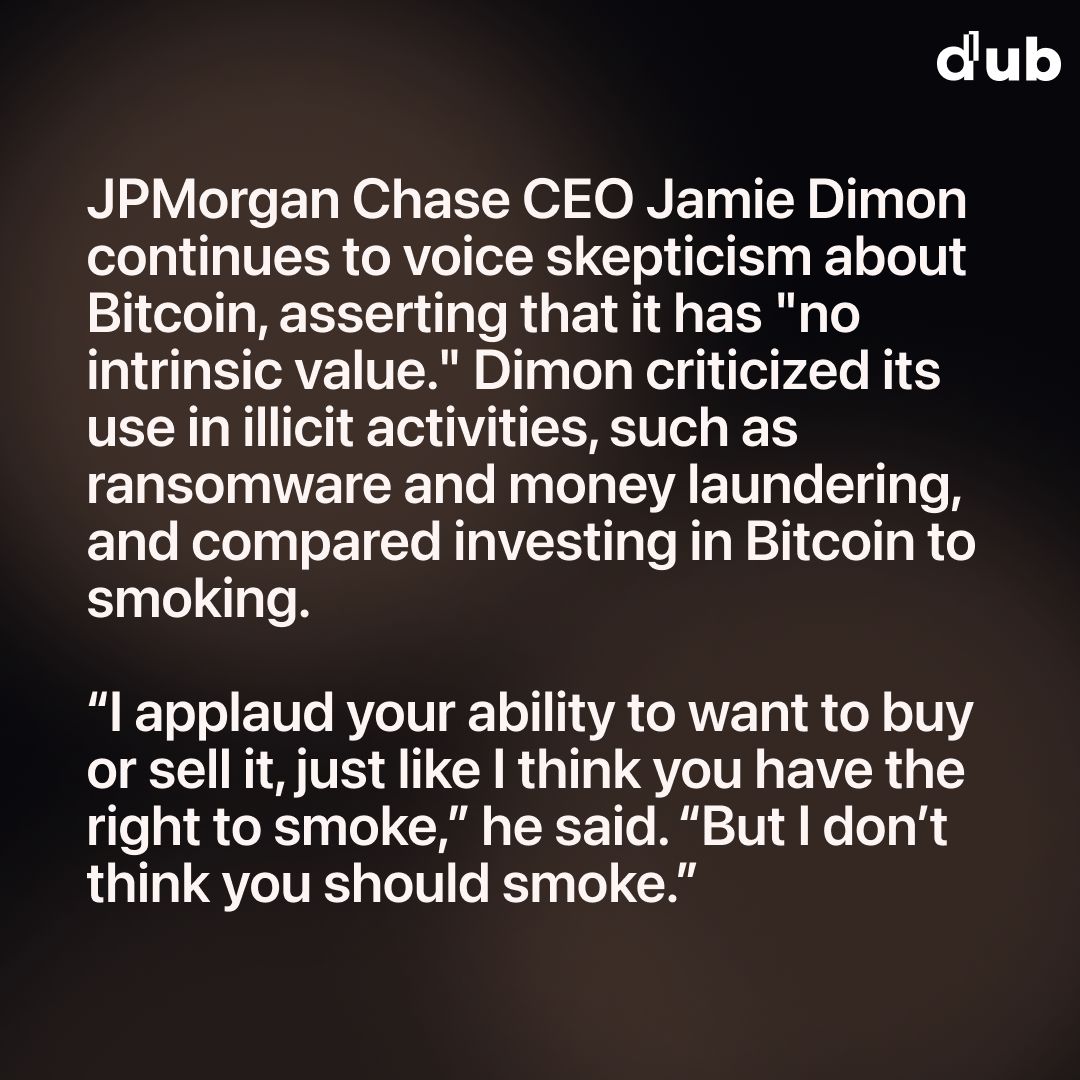 JPMorgan Chase CEO Jamie Dimon is doubling down on his criticism of Bitcoin.  In a recent CBS interview, Dimon slammed the cryptocurrency, saying: 