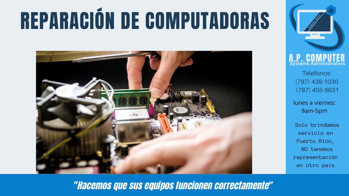 apcomputerpr's tweet image. Nuestro equipo de técnicos altamente capacitados se asegurará de que sus dispositivos funcionen de manera óptima y segura. #APComputer #APComputerSystemsAdministrators  #APComputerSystems #APComputerPR #APComputerPRUSA #Dios #Diosesbueno #God #Dodisgood