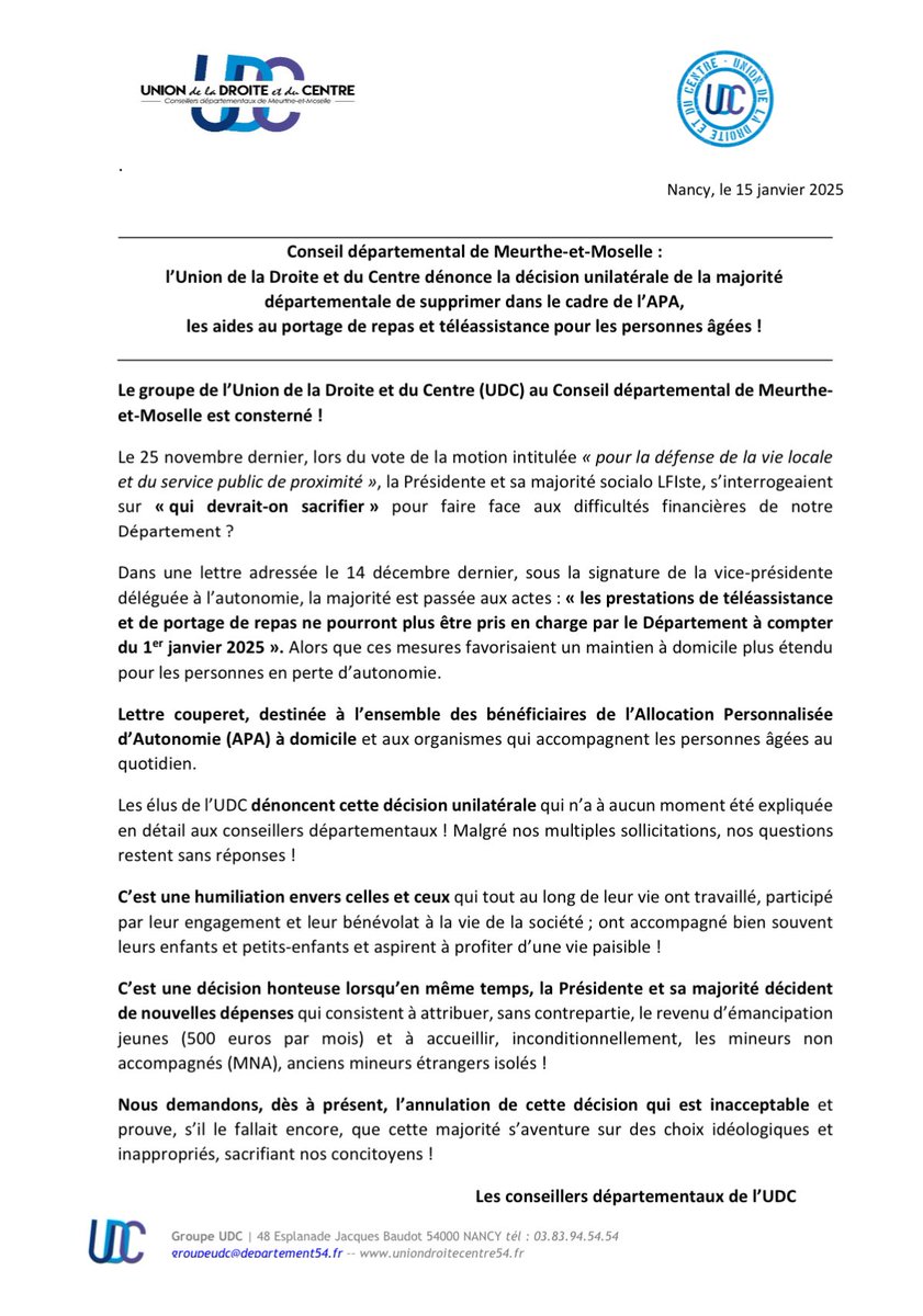 VarinChristo's tweet photo. La majorité départementale sacrifie nos aînés ! L'exécutif du Conseil départemental de Meurthe-et-Moselle a décidé de supprimer les aides au portage de repas et à la téléassistance dans le cadre de l’Allocation Personnalisée d’Autonomie à domicile (APA) à partir du 1/01/2025. https://t.co/4yTe3shzMy