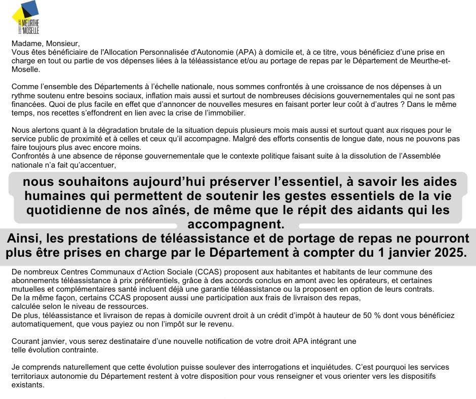 VarinChristo's tweet photo. La majorité départementale sacrifie nos aînés ! L'exécutif du Conseil départemental de Meurthe-et-Moselle a décidé de supprimer les aides au portage de repas et à la téléassistance dans le cadre de l’Allocation Personnalisée d’Autonomie à domicile (APA) à partir du 1/01/2025. https://t.co/4yTe3shzMy
