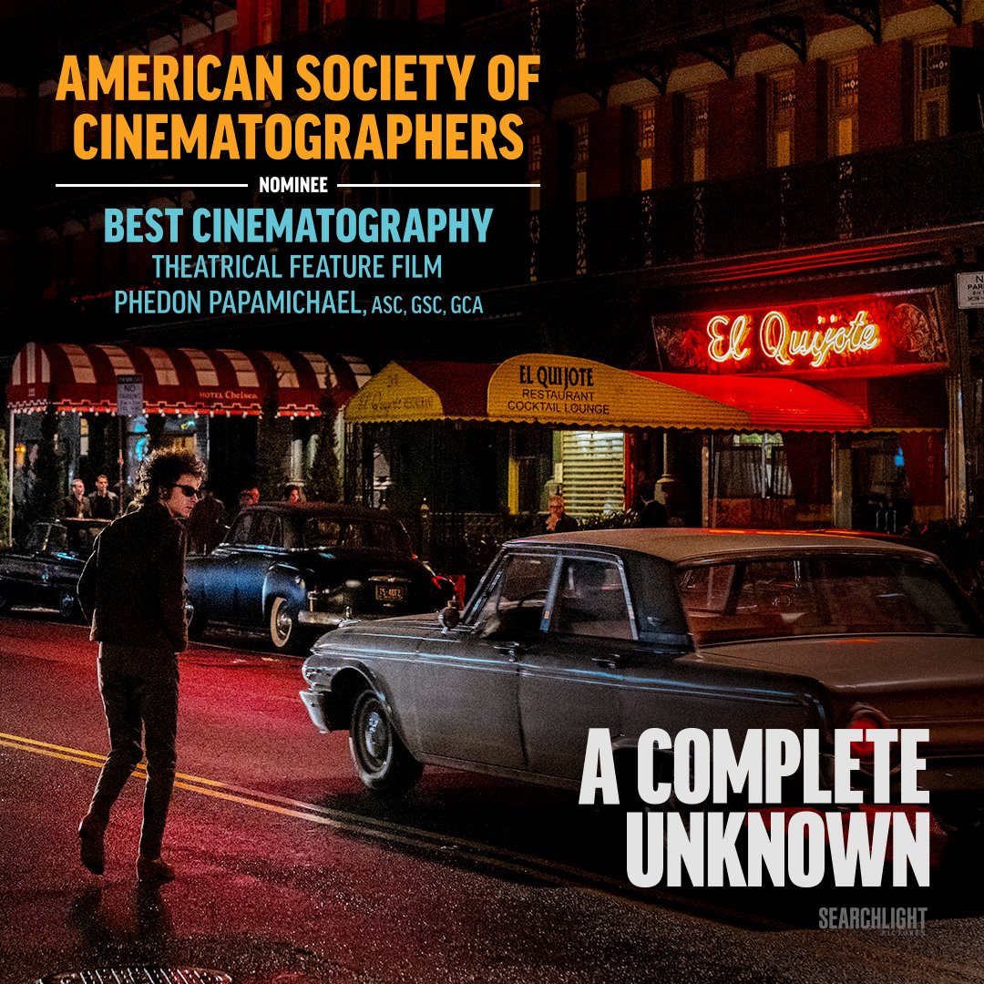 Searchlight Pictures (@searchlightpics) on Twitter photo A COMPLETE UNKNOWN's Phedon Papamichael has been nominated for Best Cinematography, Theatrical Feature Film at the 2025 ASC Awards! <a href="/AmericanCine/">American Cinematographer</a> #ACompleteUnknown #ASCAwards A COMPLETE UNKNOWN's Phedon Papamichael has been nominated for Best Cinematography, Theatrical Feature Film at the 2025 ASC Awards! <a href="/AmericanCine/">American Cinematographer</a> #ACompleteUnknown #ASCAwards