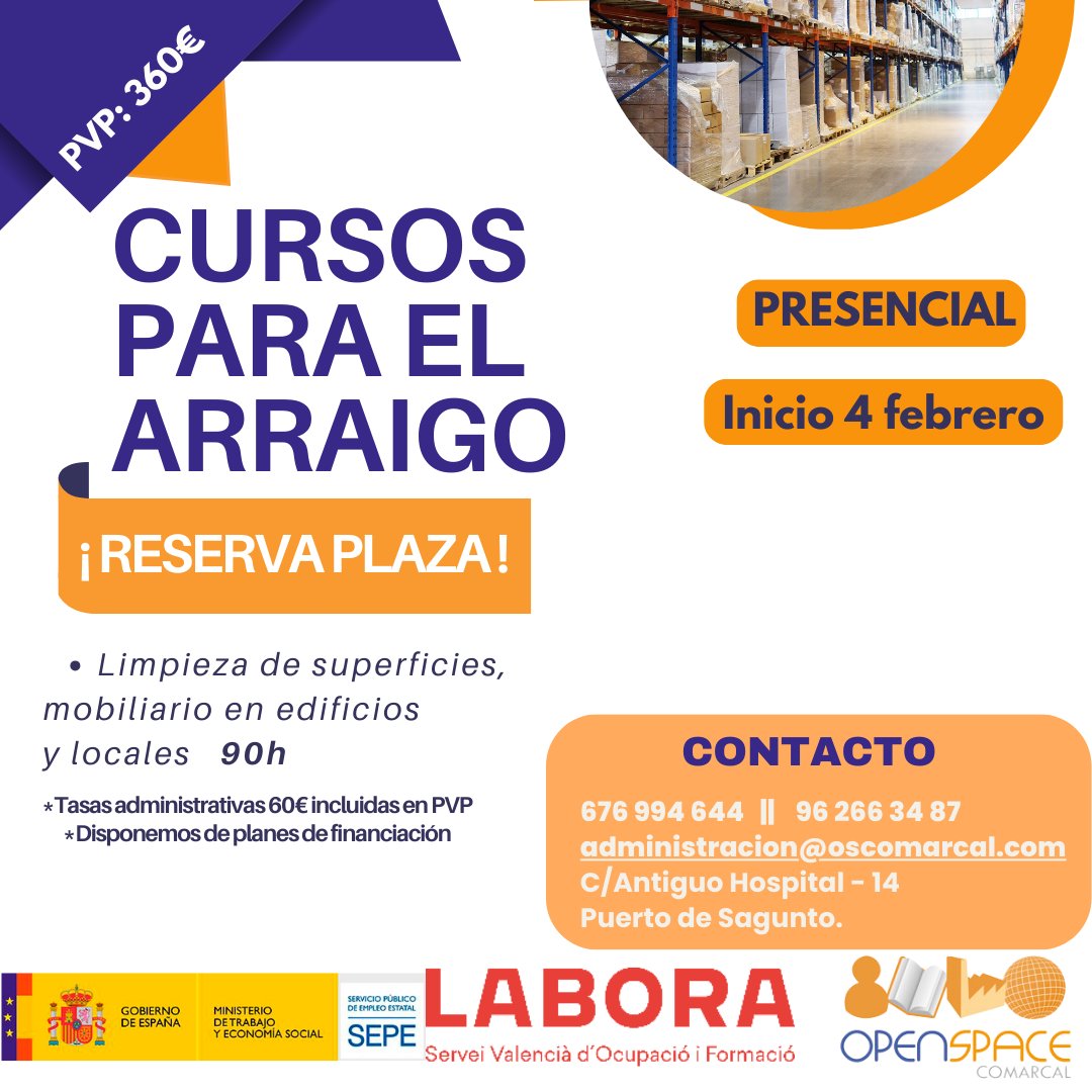 OSComarcal's tweet image. TODAVÍA QUEDAN PLAZAS CURSOS PARA EL ARRAIGO‼️

Nos quedan las últimas plazas para el curso de 90 horas de limpieza de superficies y mobiliario en edificios y locales
📆 Empezamos el 4 de febrero
Precio 360€
Información administracion@oscomarcal.com o llamando al 676 994 644 💻