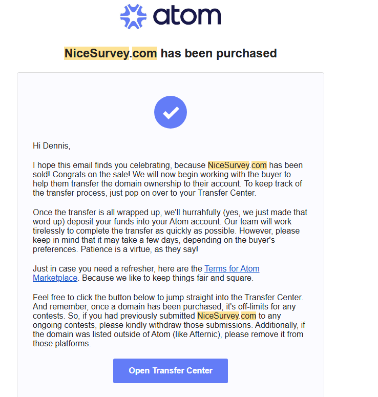 proof of sale for NiceSurvey.com on Atom for $3,338 USD